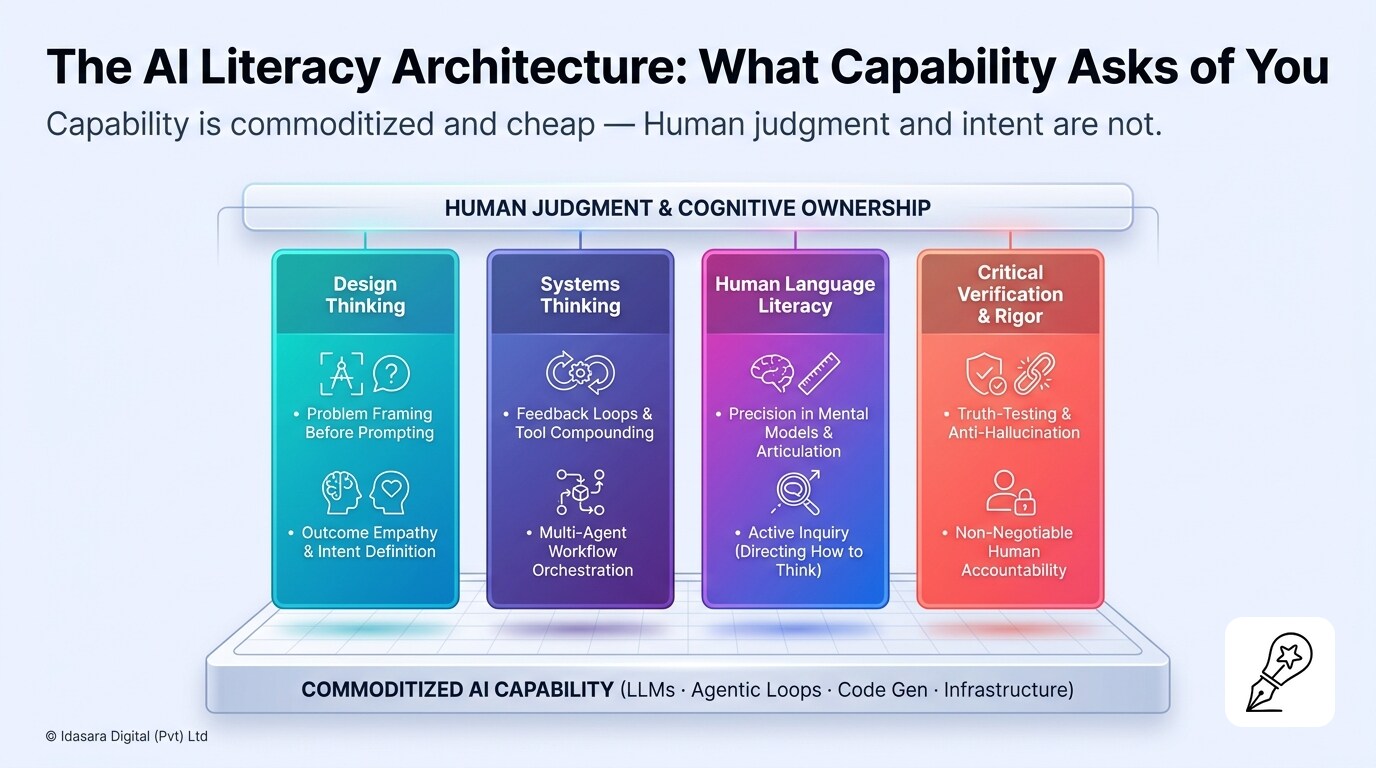 The AI Literacy Architecture: What Capability Asks of You — The 4 human cognitive pillars: Design Thinking, Systems Thinking, Human Language Literacy, and Critical Verification & Rigor on top of commoditized AI capability