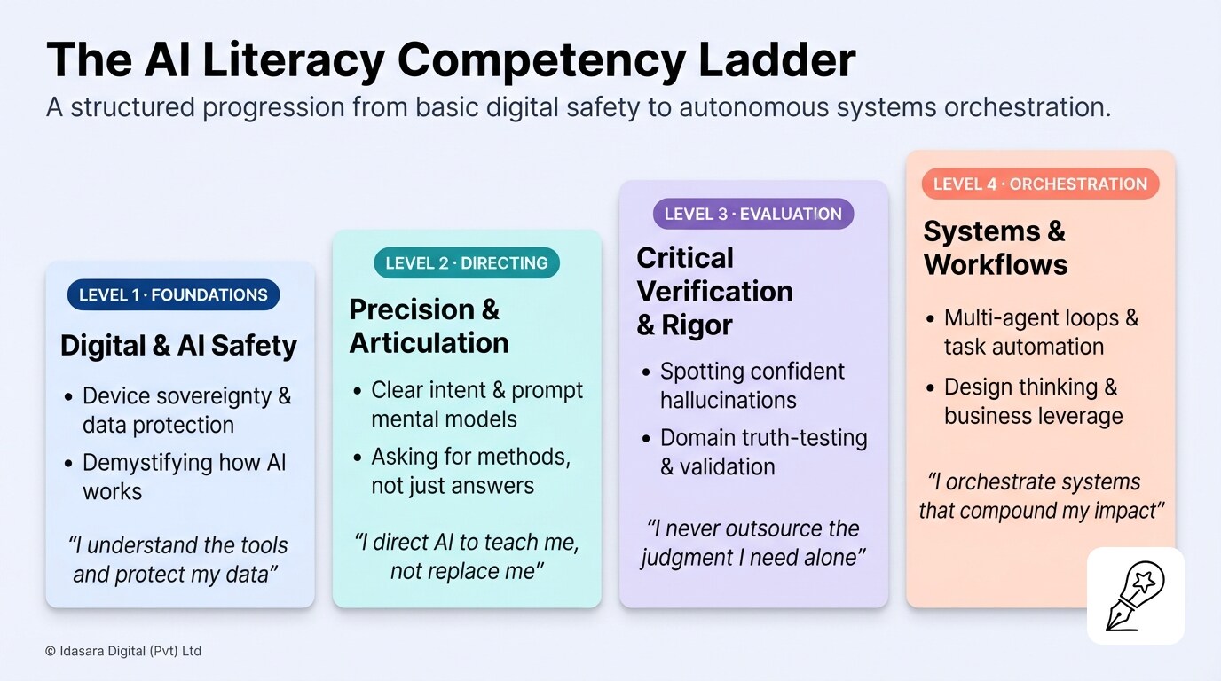 The AI Literacy Competency Ladder — A 4-level progression from basic digital safety (DigiReady) through precision directing and critical verification to autonomous systems orchestration (AI Aptitude)