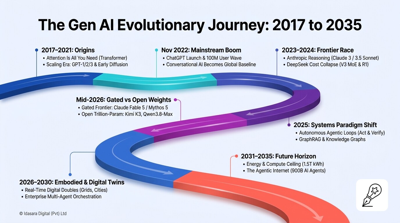 The Gen AI Evolutionary Journey: 2017 to 2035 — a timeline from the Transformer architecture through the ChatGPT boom, the frontier model race, the systems paradigm shift, the mid-2026 frontier split, embodied AI and digital twins, to the 2031–2035 horizon