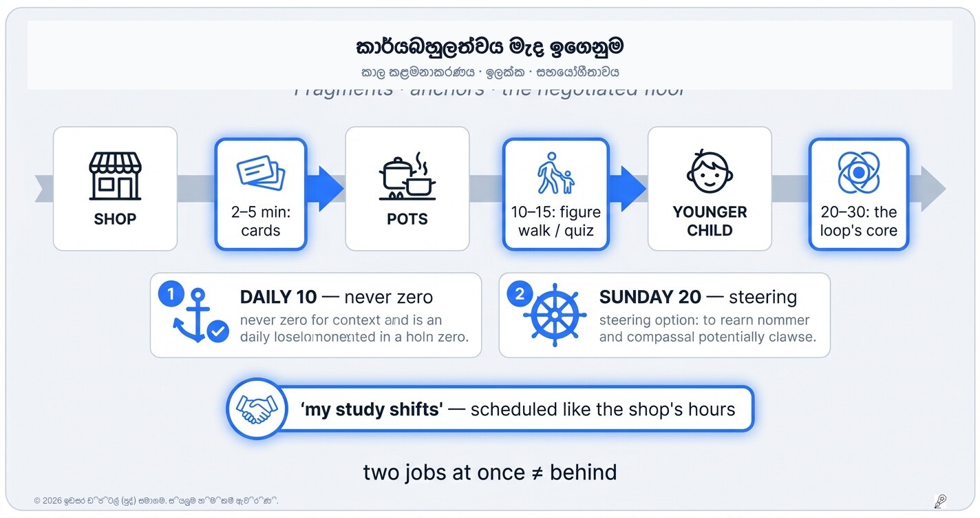 වැඩ කරන අතරතුර හෝ පවුලේ වගකීම් දරන අතරතුර පාඩම් කිරීම: විසිරුණු දවස කළමනාකරණය