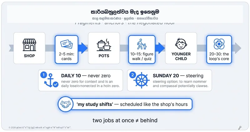 වැඩ කරන අතරතුර හෝ පවුලේ වගකීම් දරන අතරතුර පාඩම් කිරීම: විසිරුණු දවස කළමනාකරණය