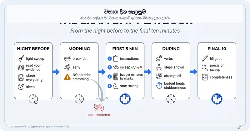 විභාග දිනයේ සැලසුම: පෙර දින රාත්‍රියේ සිට අවසාන විනාඩි දහය දක්වා