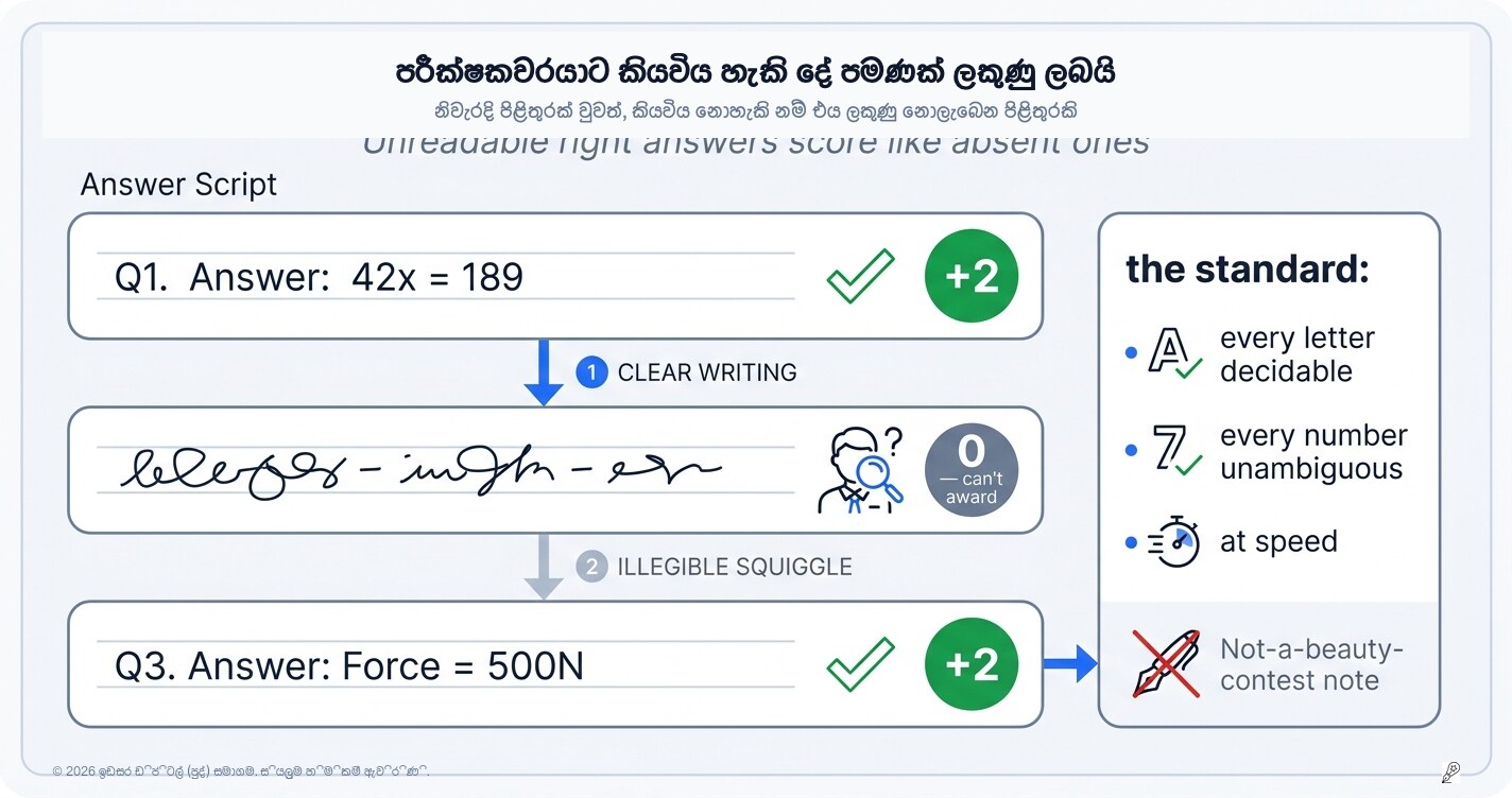 පැහැදිලි අත්අකුරු වැදගත් ඇයි? (පරීක්ෂකවරයා ලකුණු දෙන්නේ ඔහුට කියවිය හැකි දේට පමණි)