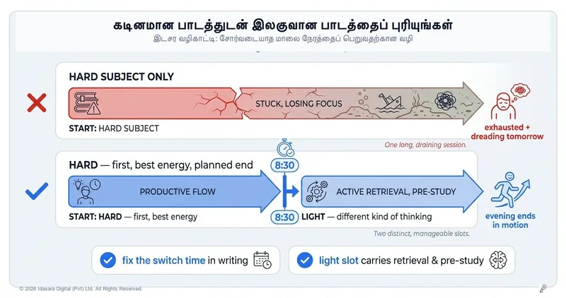 ஒரு கஷ்டமான பாடத்துடன் ஒரு இலகுவான பாடத்தைச் சேர்த்துப் படியுங்கள்: சோர்வடையாத மாலை நேரங்கள்