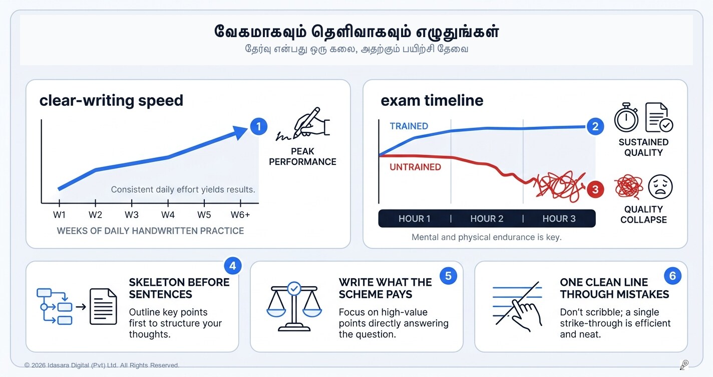வேகமாகவும் தெளிவாகவும் எழுதுங்கள்: பரீட்சை எழுதும் கையைப் பழக்குதல்